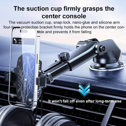 Car Phone Holder With 360 Degree Swivel Ball For Navigation mounted on dash with suction cup, CNC aluminum arm and phone in landscape for clear GPS view