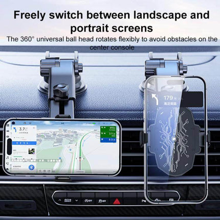 Car Phone Holder With 360 Degree Swivel Ball For Navigation mounted on dashboard showing landscape and portrait GPS views, aluminum body and cooling unit visible