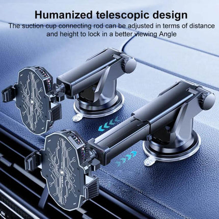 Car Phone Holder With 360 Degree Swivel Ball For Navigation showing CNC aluminum body, suction mount, telescopic arm and 360° rotation for stable GPS viewing