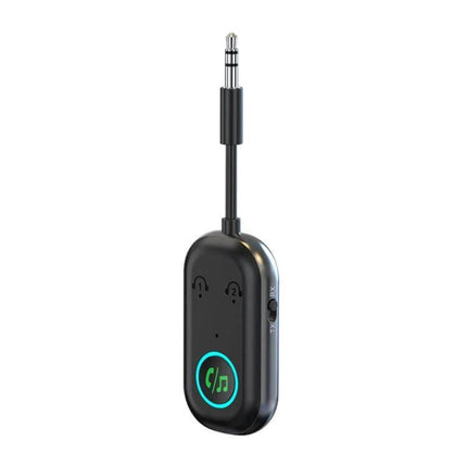 2 In 1 Car Bluetooth AUX Receiver Transmitter For In Car Audio - compact black RX/TX dongle with 3.5mm plug and playback button