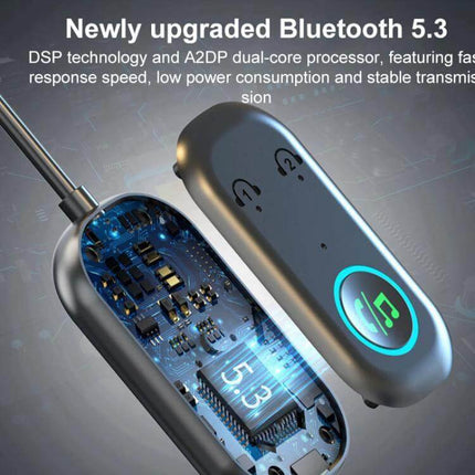 2 In 1 Car Bluetooth AUX Receiver Transmitter For In Car Audio showing Bluetooth 5.3 module and RX/TX modes with internal circuitry