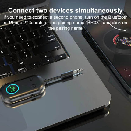 2 In 1 Car Bluetooth AUX Receiver Transmitter For In Car Audio plugged into laptop AUX port showing RX/TX mode and simultaneous device connection