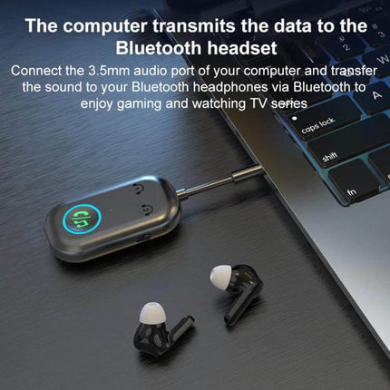 2 In 1 Car Bluetooth AUX Receiver Transmitter For In Car Audio - compact RX/TX dongle plugged into laptop 3.5mm port with wireless earbuds nearby