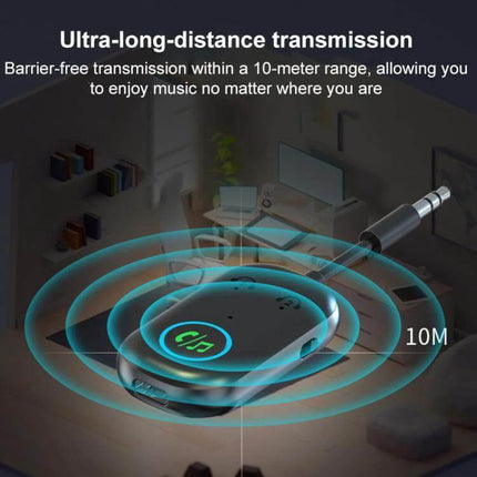 2 In 1 Car Bluetooth AUX Receiver Transmitter For In Car Audio showing device with 10m ultra-long-distance transmission radius