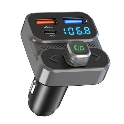 Car Bluetooth Hands-Free Calling Adapter With PD36W Fast Charging plugged into car cigarette lighter showing dual USB ports, FM frequency display and control knob