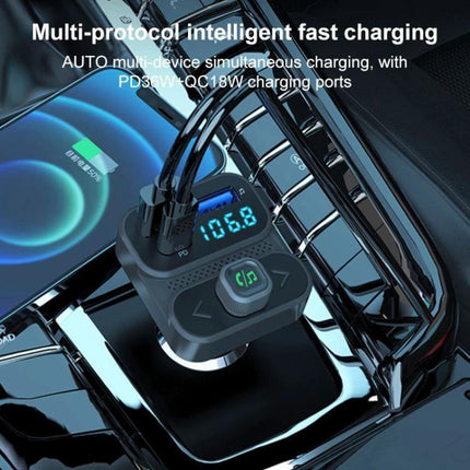 Car Bluetooth Hands-Free Calling Adapter With PD36W Fast Charging plugged into car cigarette lighter showing PD port, LED display and dual USB charging