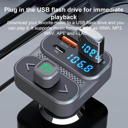 Car Bluetooth Hands-Free Calling Adapter With PD36W Fast Charging showing USB PD port, QC3.0 port, LED FM frequency and control buttons