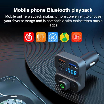 Car Bluetooth Hands-Free Calling Adapter With PD36W Fast Charging showing FM transmitter, dual USB ports, digital display and Bluetooth music playback