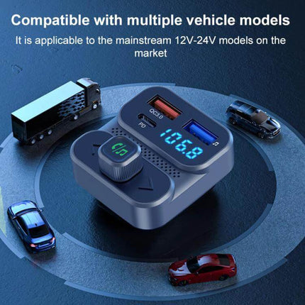 Car Bluetooth Hands-Free Calling Adapter With PD36W Fast Charging displayed with dual USB ports, FM transmitter and digital display for 12–24V vehicles