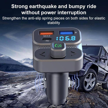 Car Bluetooth Hands-Free Calling Adapter With PD36W Fast Charging plugged into car cigarette lighter showing dual USB ports, FM frequency display and control knob
