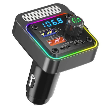 BC91 Car Bluetooth Hands-Free With Atmosphere Light showing LED display, dual USB ports, PD/QC charging and RGB ambient light for hands-free calls