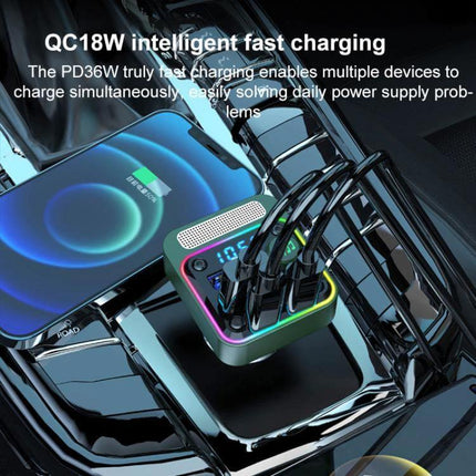 BC91 Car Bluetooth Hands-Free With Atmosphere Light plugged into car console showing multiple charging cables, LED display and ambient light