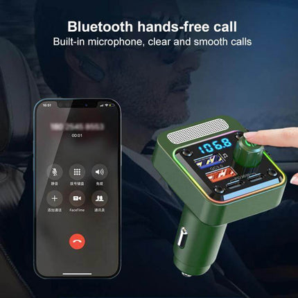 BC91 Car Bluetooth Hands-Free With Atmosphere Light in-car transmitter showing digital display, call control, USB charging and atmosphere light