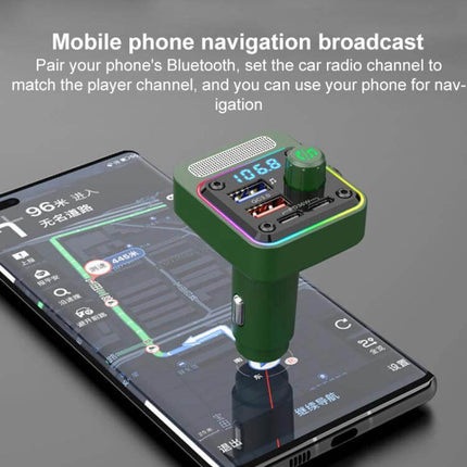 BC91 Car Bluetooth Hands-Free With Atmosphere Light plugged into car charger port showing LED display, USB ports, and phone navigation broadcasting