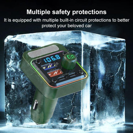 BC91 Car Bluetooth Hands-Free With Atmosphere Light showing green car Bluetooth transmitter with display, dual USB ports, and safety protections