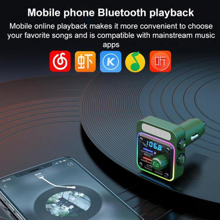 BC91 Car Bluetooth Hands-Free With Atmosphere Light showing device plugged in car with phone music playback screen and app icons