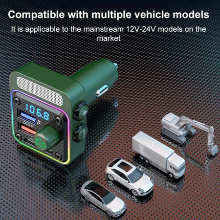 BC91 Car Bluetooth Hands-Free With Atmosphere Light showing green car adapter with dual USB ports, LED display and atmosphere light compatible with multiple vehicle models