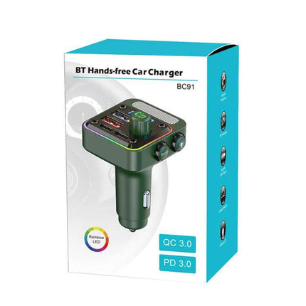 BC91 Car Bluetooth Hands-Free With Atmosphere Light in retail box showing Bluetooth car charger, RGB atmosphere light, dual USB QC 3.0 and PD 3.0 ports