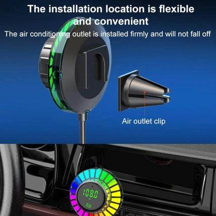 Car Bluetooth Hands Free Calling Adapter With Fast Charging vent-mount unit showing air outlet clip, LED display and PD 30W fast charging cable