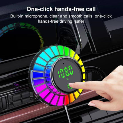 Car Bluetooth Hands Free Calling Adapter With Fast Charging mounted on car vent with one-click hands-free call button and colorful LED display