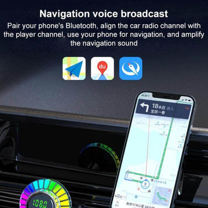 Car Bluetooth Hands Free Calling Adapter With Fast Charging vent-mount showing phone navigation broadcast and fast-charging display