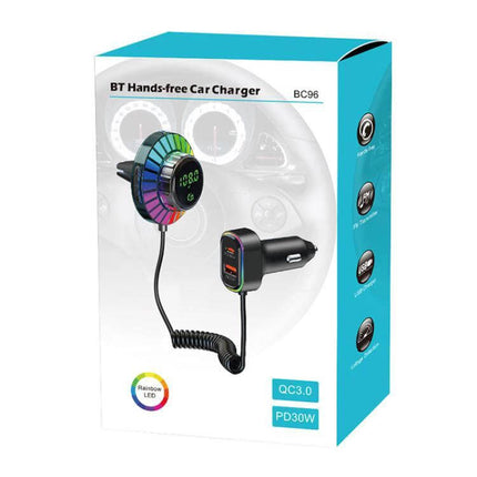 Car Bluetooth Hands Free Calling Adapter With Fast Charging vent-mount unit showing LED display, coiled cable and PD30W QC3.0 car charger