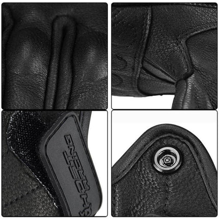 Ghost Racing Winter Velvet Warm Motorcycle Riding Gloves close-up collage showing sheepskin leather texture, stitching, grip pad and snap closure