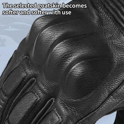 Ghost Racing Retro Leather Touch Screen Full-Finger Gloves, Medium close-up of black goat leather knuckle and touchscreen thumb patch