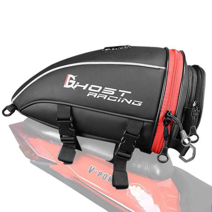 PU Leather Motorcycle Tail Bag For Rear Seat Travel — 10L black wear-resistant tail bag with laminated panel, red zipper and quick-release straps for trips