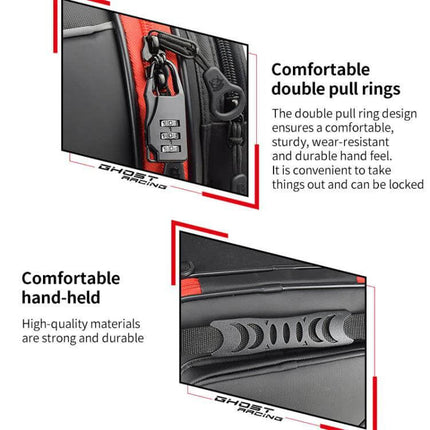 PU Leather Motorcycle Tail Bag For Rear Seat Travel showing double pull-ring lock and comfortable hand-held grip, wear-resistant laminated 10L tail bag