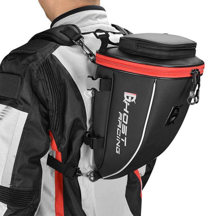 PU Leather Motorcycle Tail Bag For Rear Seat Travel - 10L black rear seat tail bag with red zipper, wear-resistant laminated PU for travel and commuting