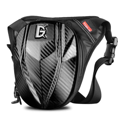 Ghost Racing Water Repellent Motorcycle Leg Bag For Daily Rides – black carbon-look 600D Oxford leg bag with adjustable strap, compact weather-resistant storage