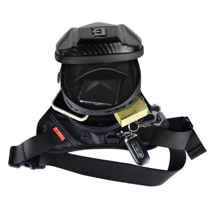 Ghost Racing Water Repellent Motorcycle Leg Bag For Daily Rides black 28x25x10cm open showing phone wallet keys compact water-repellent 600D Oxford