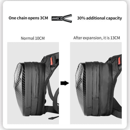 Ghost Racing Water Repellent Motorcycle Leg Bag For Daily Rides expandable 10cm to 13cm profile showing 30% extra capacity and 3cm zipper expansion