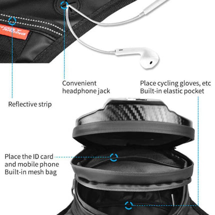 Ghost Racing Water Repellent Motorcycle Leg Bag For Daily Rides showing water-repellent 600D fabric, headphone jack, reflective strip, and multiple zipper pockets