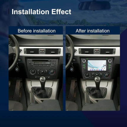 Installation before and after showing Android 7-Inch Car Navigation System for BMW 3 Series E90 fitted into dashboard (7-inch IPS, 1024x600)