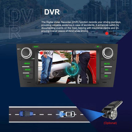 Android 7-Inch Car Navigation System for BMW 3 Series E90 with 7-inch IPS screen showing DVR recording, hands-free calls, navigation and optional dash camera