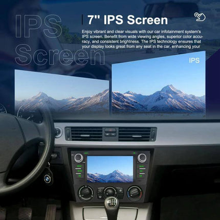 Android 7-Inch Car Navigation System for BMW 3 Series E90 installed in dashboard showing 7-inch IPS screen with mountain map display