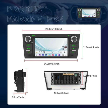 Android 7-Inch Car Navigation System for BMW 3 Series E90 7-inch IPS touchscreen unit with dimensions and front/back view