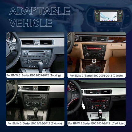 Android 7-Inch Car Navigation System for BMW 3 Series E90 installed in different E90 dashboard layouts, 7-inch IPS touch screen display