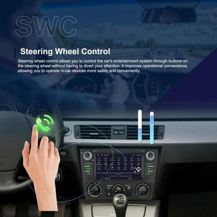 Android 7-Inch Car Navigation System for BMW 3 Series E90 showing steering wheel control hands-free call and 7-inch IPS touchscreen in dashboard