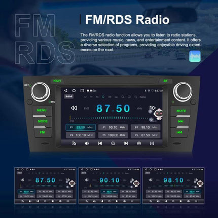 Android 7-Inch Car Navigation System for BMW 3 Series E90 showing FM/RDS radio screen on 7-inch IPS touch display, frequency 87.50 and control buttons