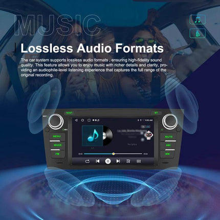 Android 7-Inch Car Navigation System for BMW 3 Series E90 showing 7-inch IPS screen with lossless audio demo and music playback