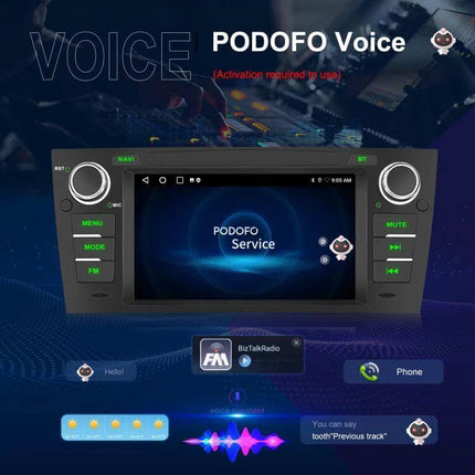 Android 7-Inch Car Navigation System for BMW 3 Series E90 showing 7-inch IPS touchscreen with PODOFO voice interface and hands-free phone controls