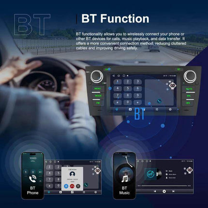 Android 7-Inch Car Navigation System for BMW 3 Series E90 showing Bluetooth phone, music, and hands-free call interface on 7-inch IPS touchscreen