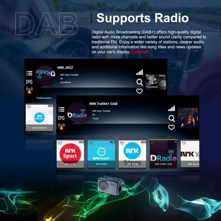 Android 7-Inch Car Navigation System for BMW 3 Series E90 - 7-inch IPS screen showing DAB radio interface and app icons