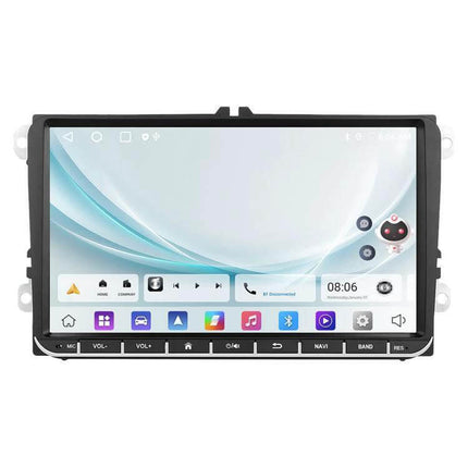 Volkswagen Android Car Navigation with 9-Inch Screen showing 9-inch touchscreen home screen with Android apps and navigation interface