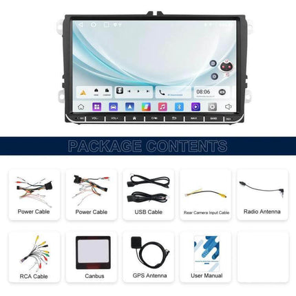 Volkswagen Android Car Navigation with 9-Inch Screen showing touchscreen unit and included cables and accessories