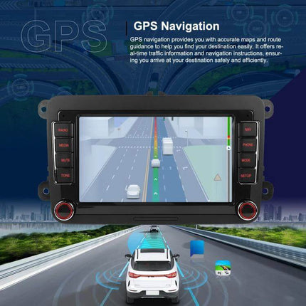 Volkswagen Android Car Navigation with 9-Inch Screen showing GPS navigation interface and smartphone mirroring on a car dashboard