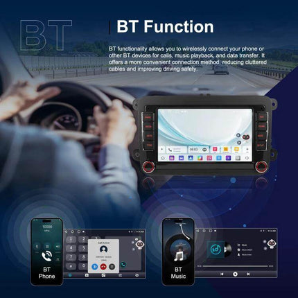 Volkswagen Android Car Navigation with 9-Inch Screen showing BT function, touchscreen display and smartphone mirroring for in-car audio and calls
